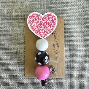 Breast Cancer Awareness Pink Heart Beaded Retractable Work Badge ID Reel Holder